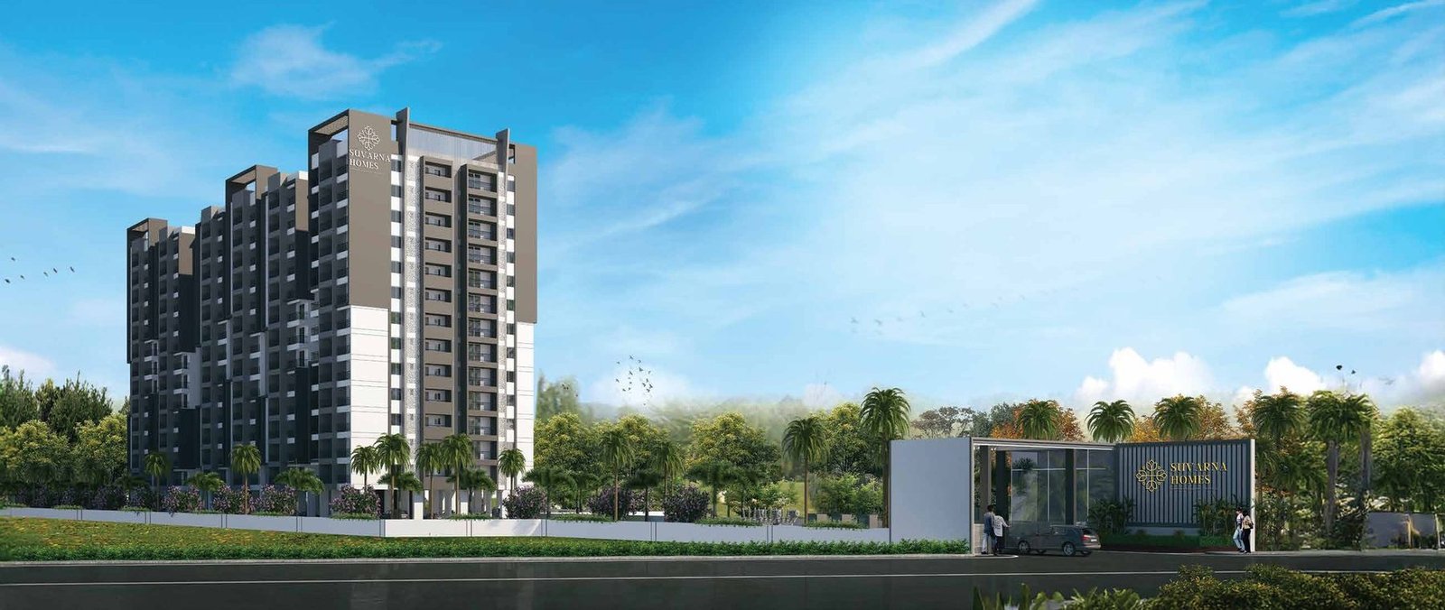 United Suvarna Homes 3 BHK apartment towers with grand entrance, Soukya Road, Hosakote