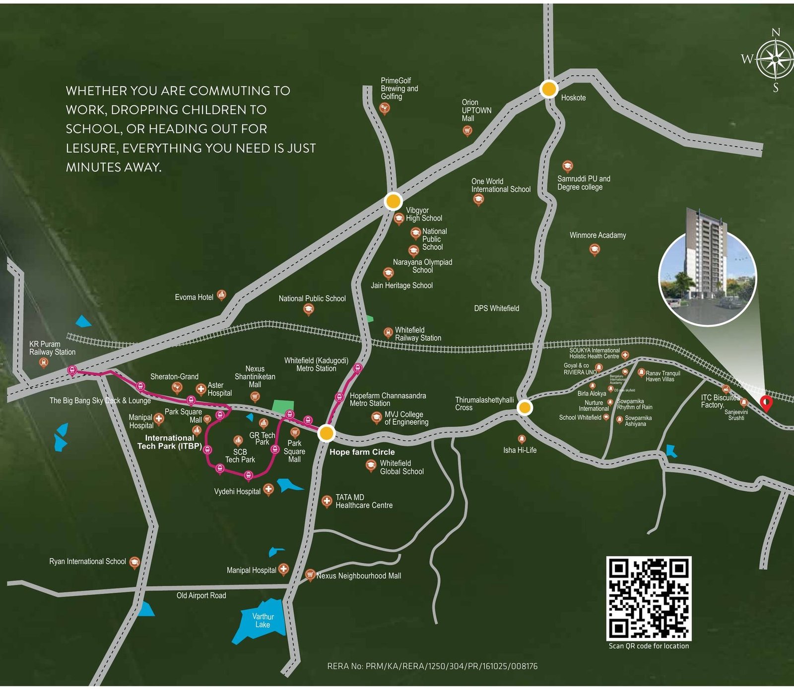 Location map of United Suvarna Homes near Whitefield, Hope Farm and Hoskote